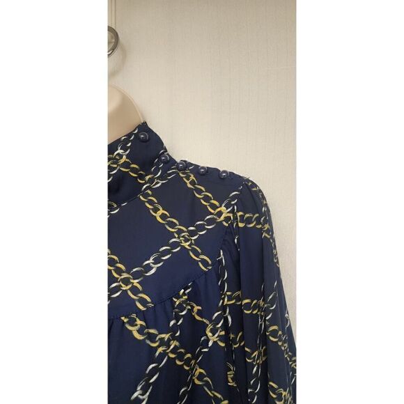 WHO WHAT WHERE Blue/Gold Chain Print Long Sleeve High Collar Dress Size XS - Picture 8 of 10